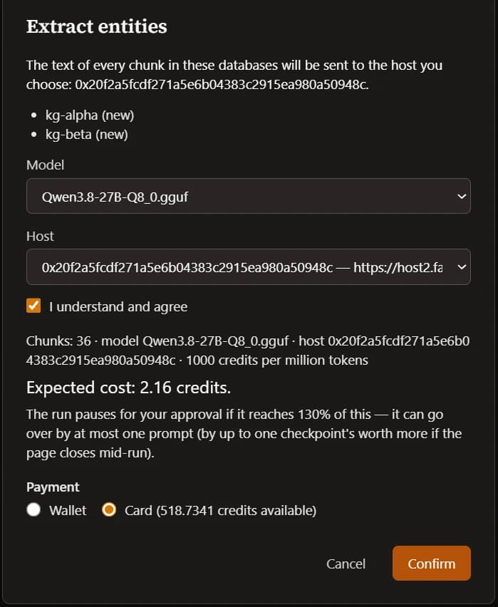 The extraction dialog: the collections to be sent, the chosen model and host, an agreement checkbox and the expected cost in credits