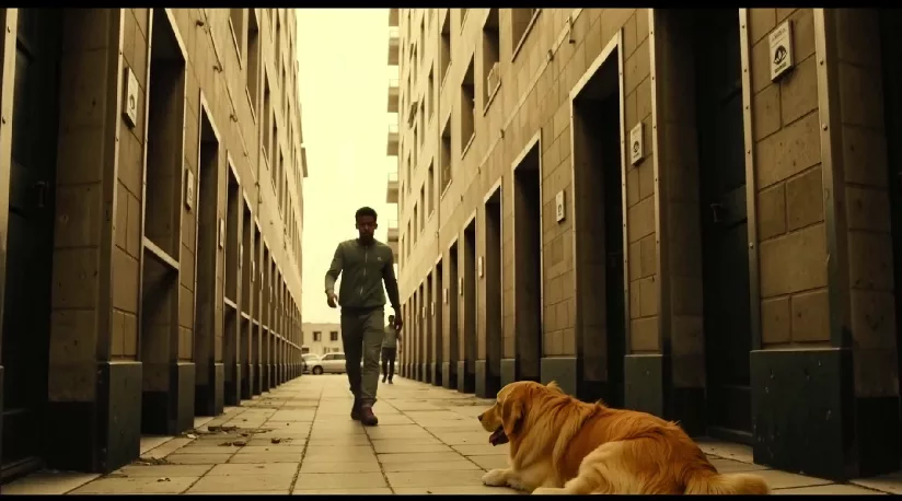 The same alley with a golden retriever added in the foreground
