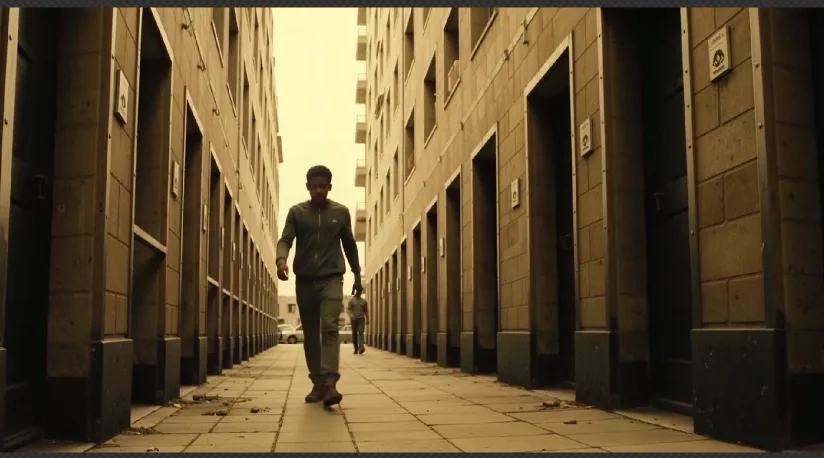 A man walking down a narrow sunlit alley