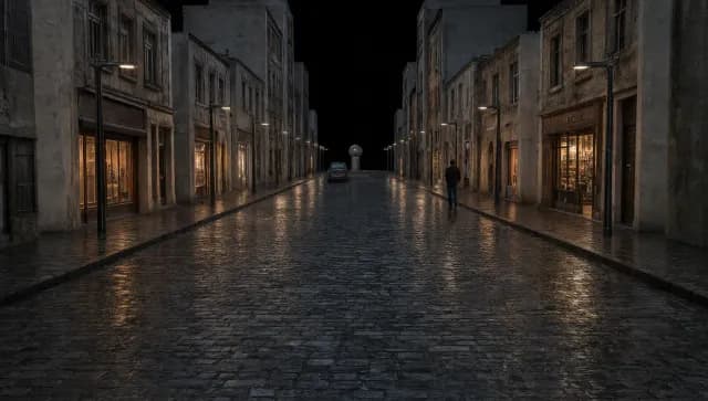 The look picture: a styled version of the playblast's first frame, a wet cobbled street at night